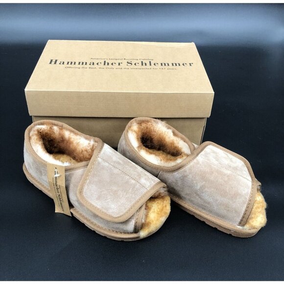 NWT Hammacher Schlemmer Women Sheepskin Open Toe Heel Wrap Slippers L 7.5-8.5 - Picture 1 of 11